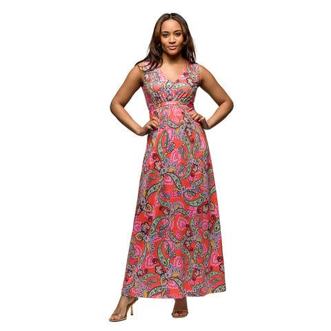 Maternity Pink Paisley Print V-Neck Empire Waist Sleeveless Maxi Dress
