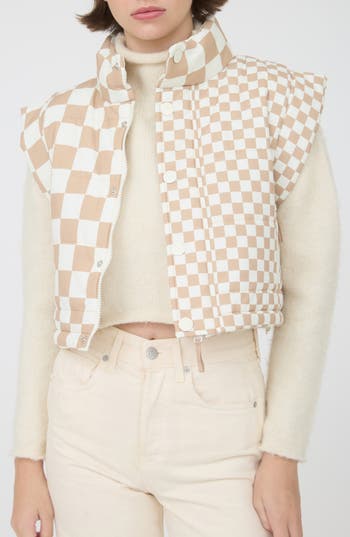 Blu Pepper Checker Print Puffer Vest In Neutral