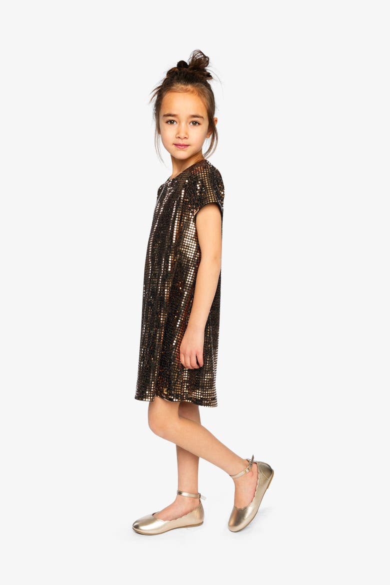 Short Sleeve A-Line Lurex Jersey Shimmer Dress, Alternate, color, Beige