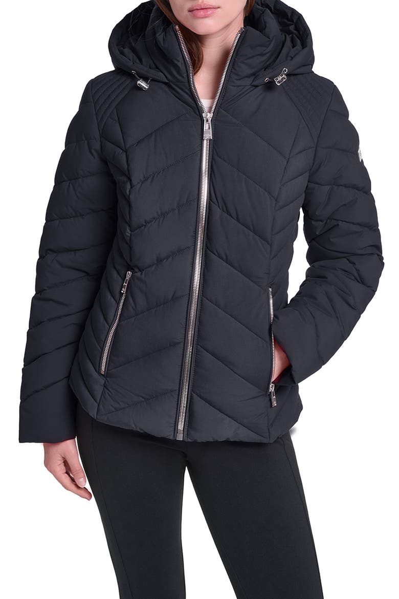 Chevron Quilted Hooded Puffer Jacket, Main, color, BLACK