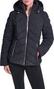 KARL LAGERFELD PARIS Chevron Quilted Hooded Puffer Jacket