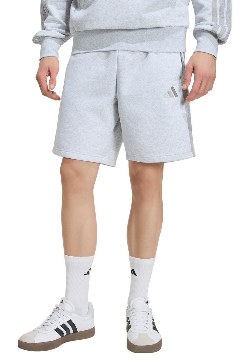 Essentials 3-Stripes Fleece Shorts, Main, color, LIGHT GREY / MEDIUM GREY