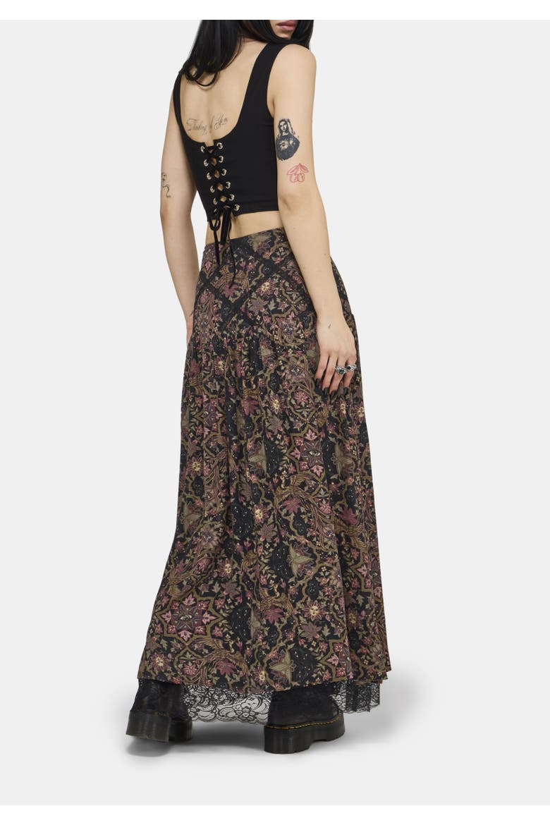 Mythos Print Lace Detail Midaxi Skirt, Alternate, color, Black