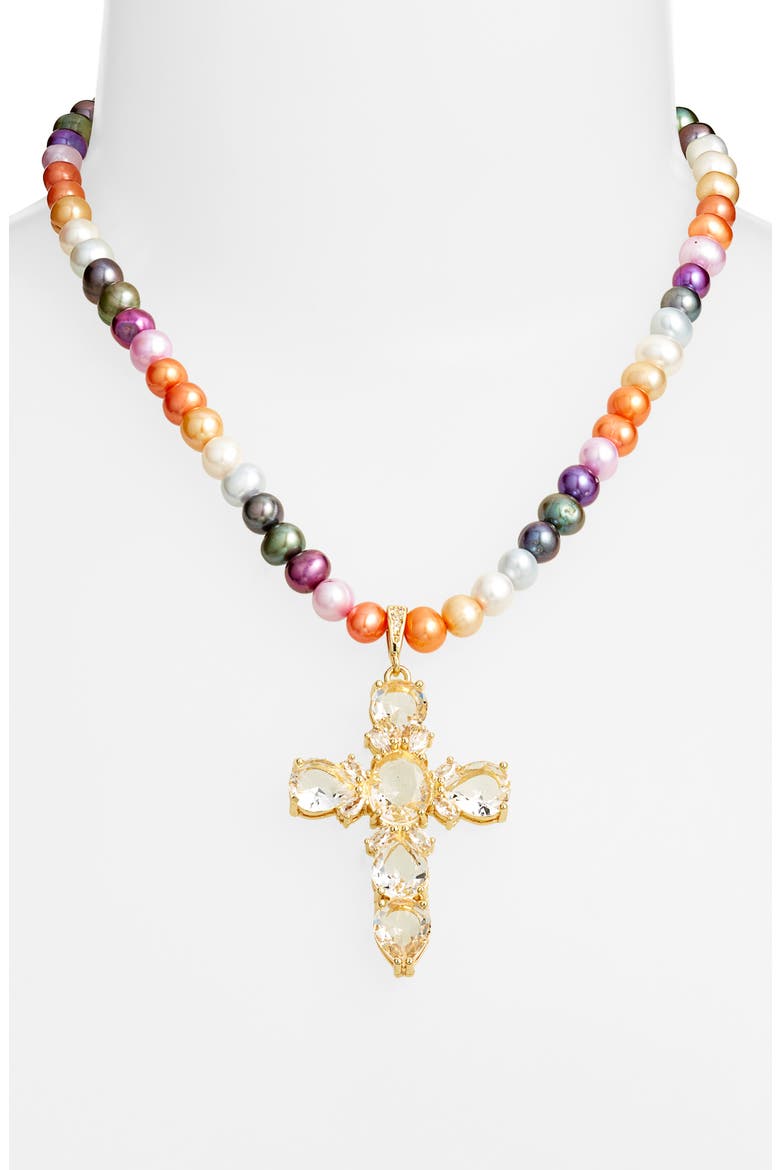 Cross Pendant Pearl Necklace, Alternate, color, GOLD