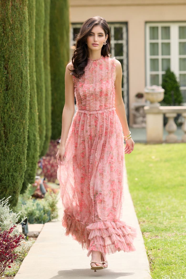 Floral Mesh High Neck Micro Ruffle Midi Dress, Alternate, color, Rose Multi
