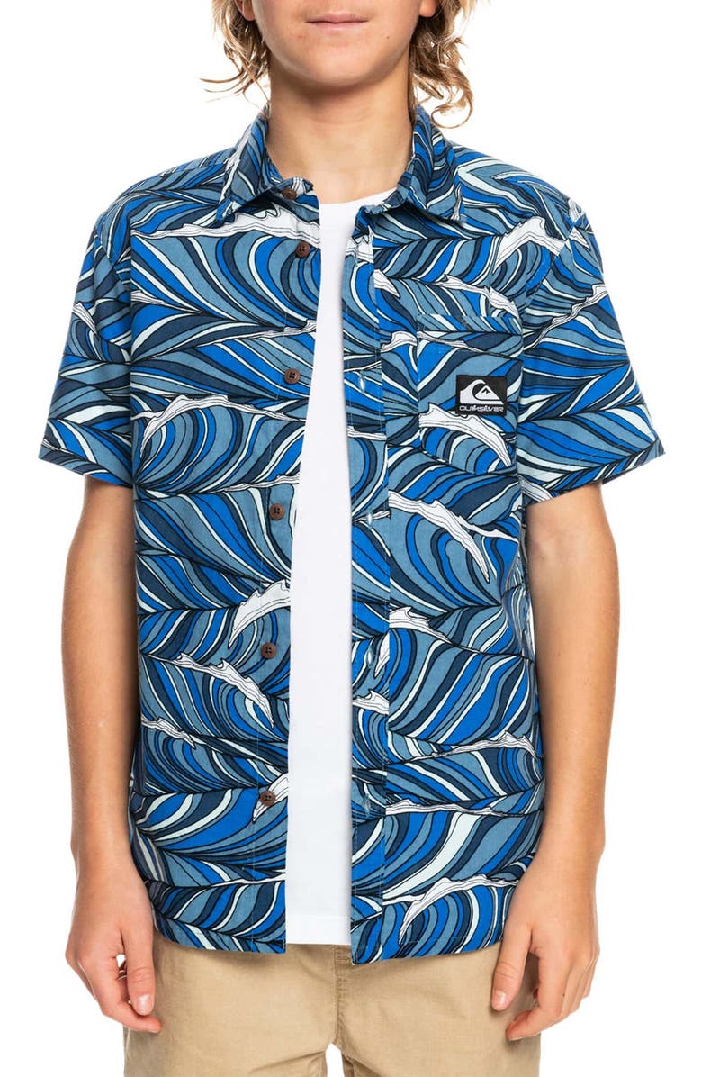 Quiksilver Kids' Wavy Wavy Short Sleeve Organic Cotton Button-Up Shirt, Alternate, color, 