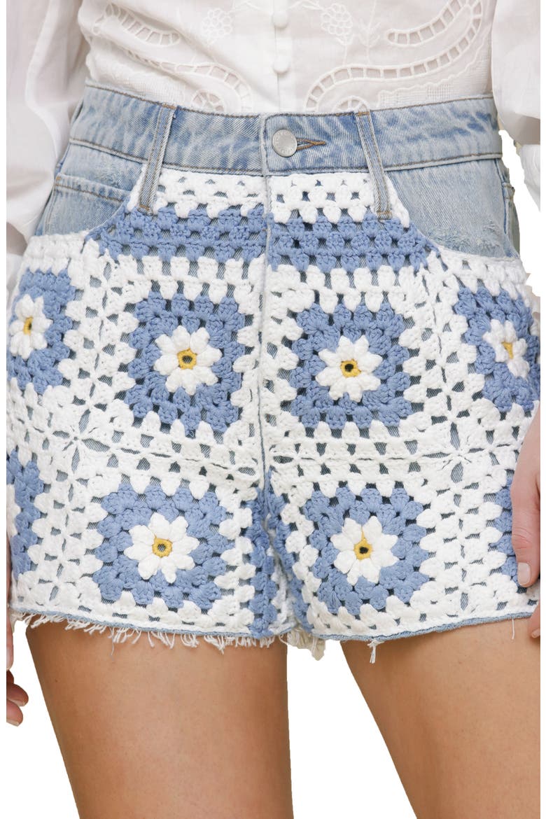 Crochet Denim Cutoff Shorts, Alternate, color, BLUE