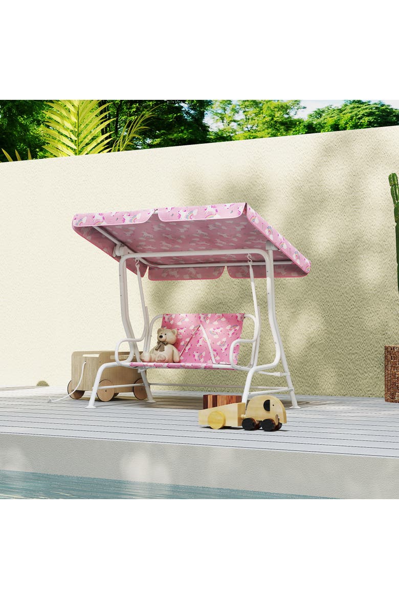 2-Seater Kids Porch Swing with Safety Belts and Adjustable Canopy, Alternate, color, Pink