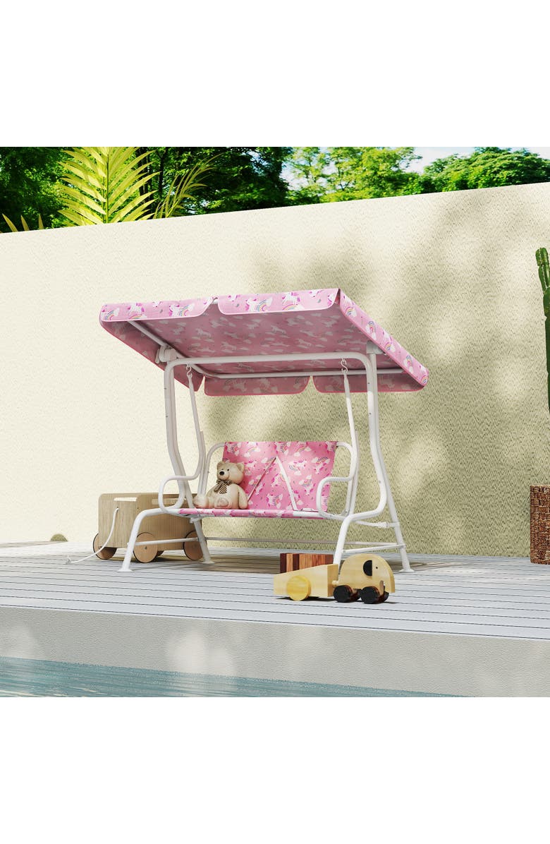 Qaba 2-Seater Kids Porch Swing with Safety Belts and Adjustable Canopy, Alternate, color, Pink
