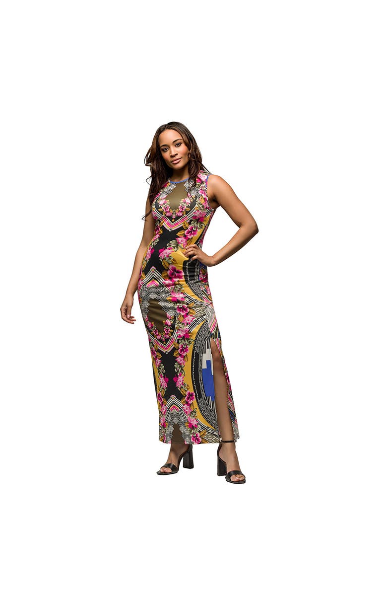 24seven Comfort Apparel Maternity Geometric Floral Print Sleeveless Side Slit Maxi Dress, Main, color, Black Multi