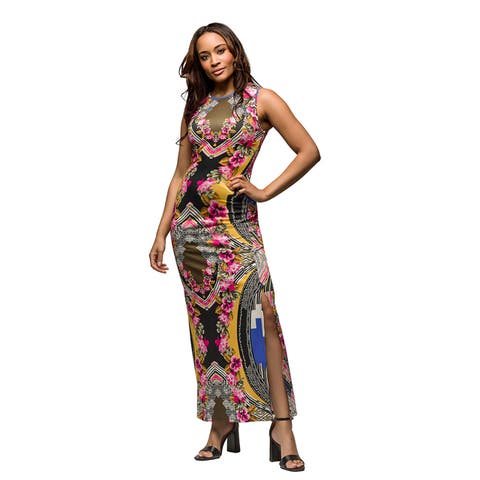 Maternity Geometric Floral Print Sleeveless Side Slit Maxi Dress