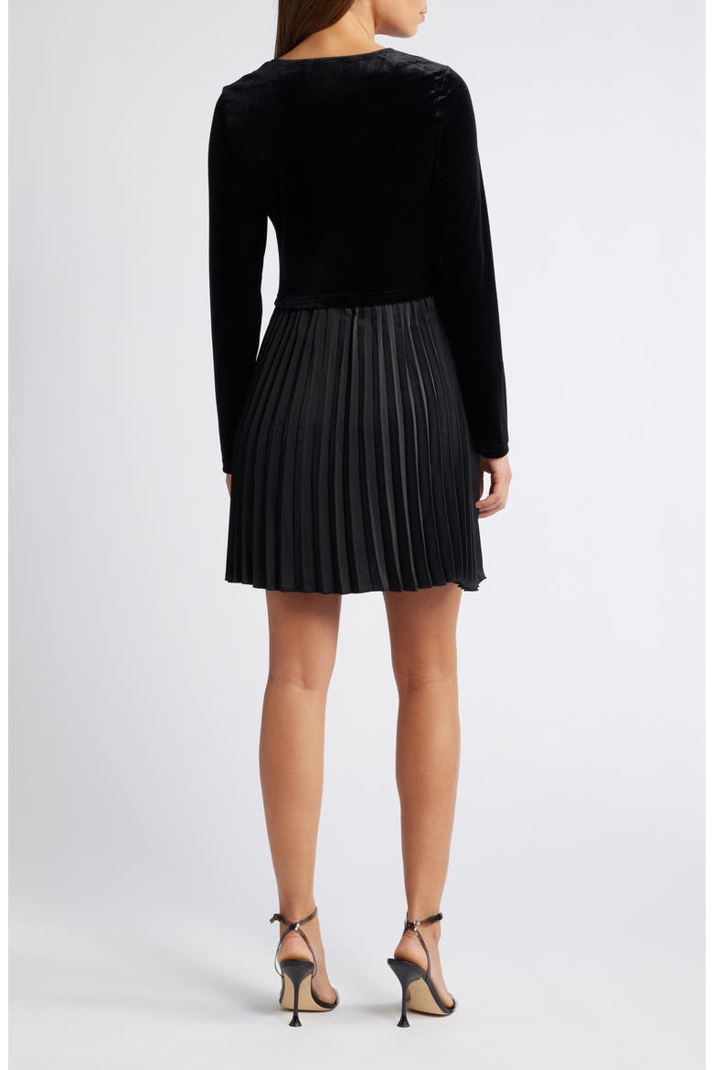 Pleated Ling Sleeve Mixed Media Velvet Minidress, Alternate, color, BLACK