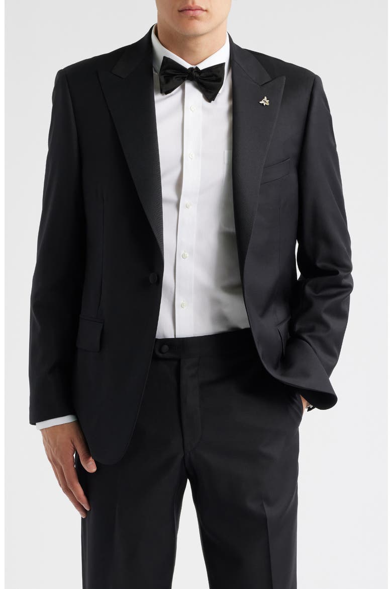 Regular Fit Peaked Lapel Black Wool Tuxedo, Alternate, color, BLACK