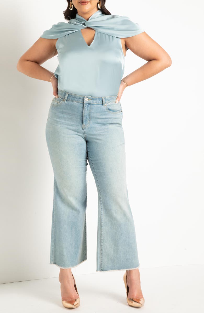 ELOQUII Twist Neck Cutout Satin Blouse, Alternate, color,