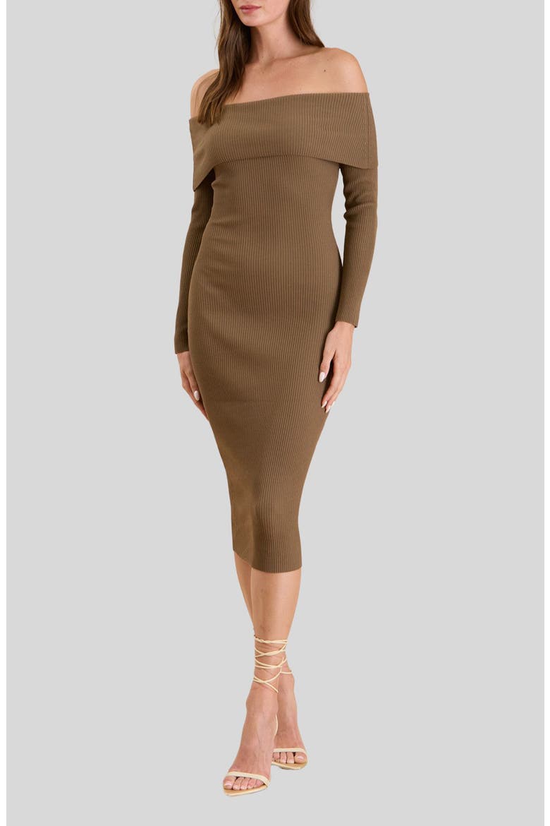 Off the Shoulder Midi Sweater Dress, Alternate, color, BROWN