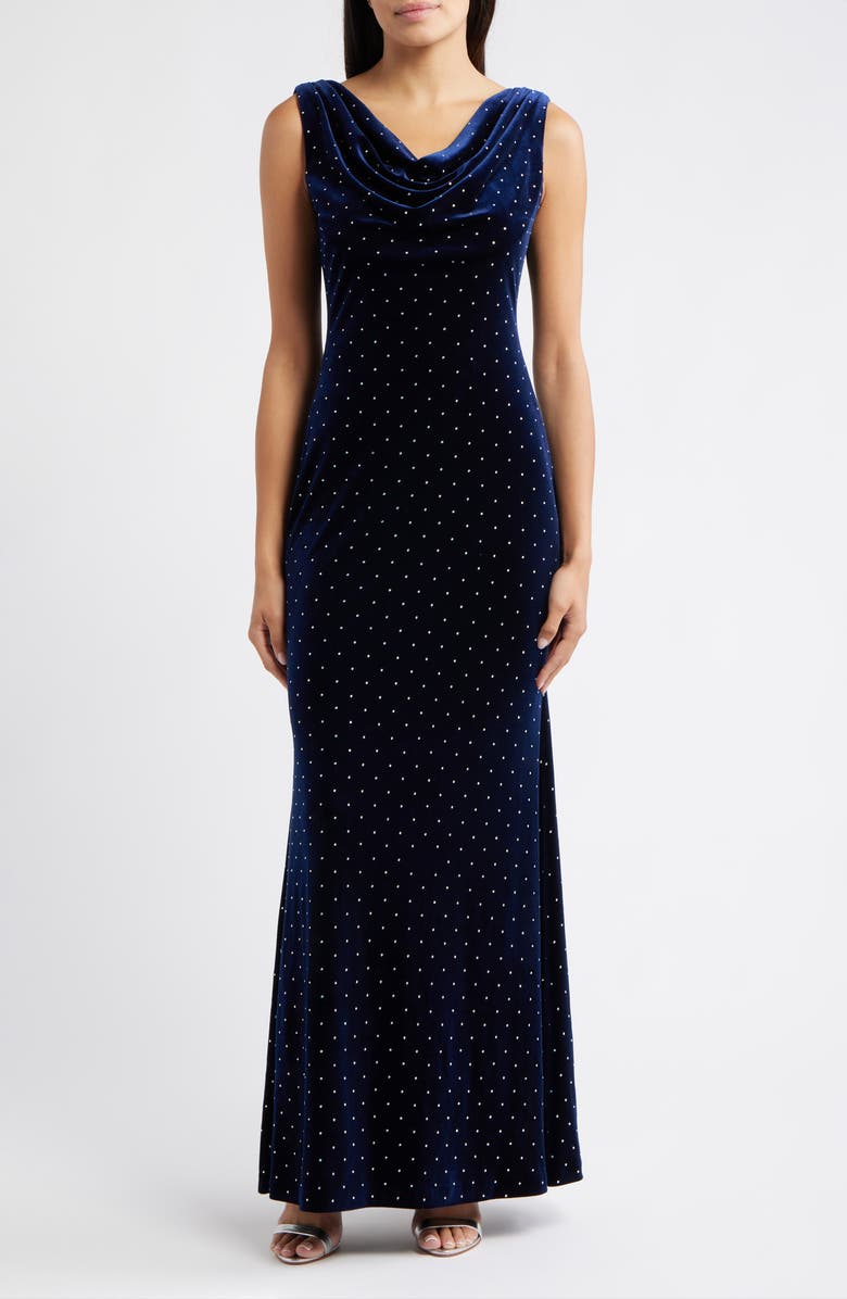 Eliza J Cowl Neck Sleeveless Velvet Gown, Main, color, Navy