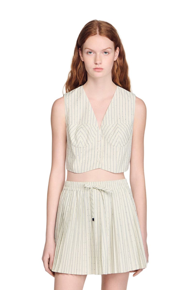 SANDRO Striped rhinestone crop top, Main, color, Ecru