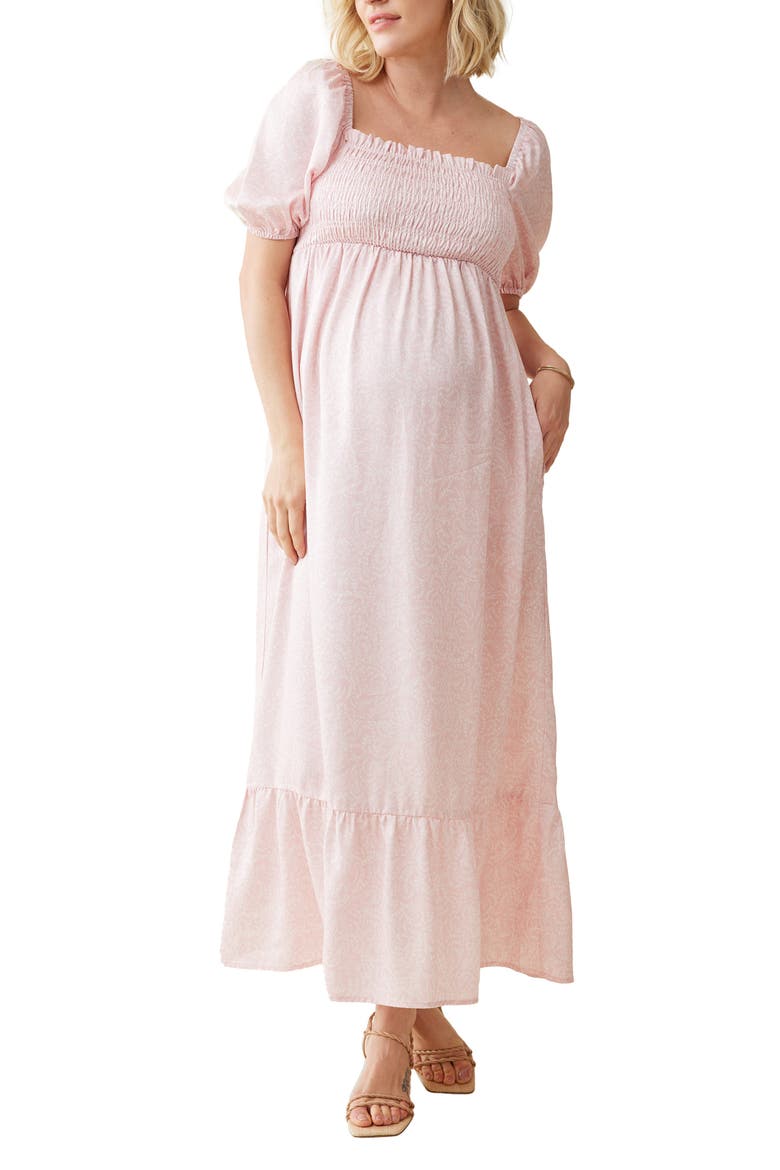 Elbow Sleeve Smocked Bodice Maxi Maternity Sundress, Main, color, PINK TWO TONE