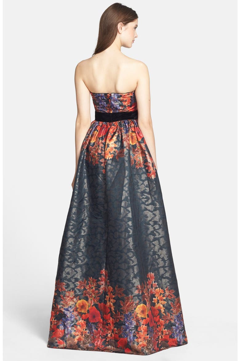 Floral Jacquard Strapless Ballgown, Alternate, color, BLACK MULTI