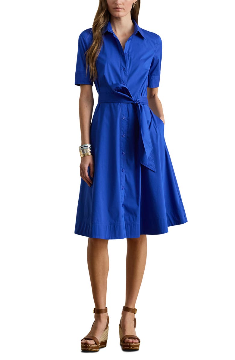 Lauren Ralph Lauren Finnbarr Belted Cotton Blend Shirtdress, Main, color, Cruise Royal Blue
