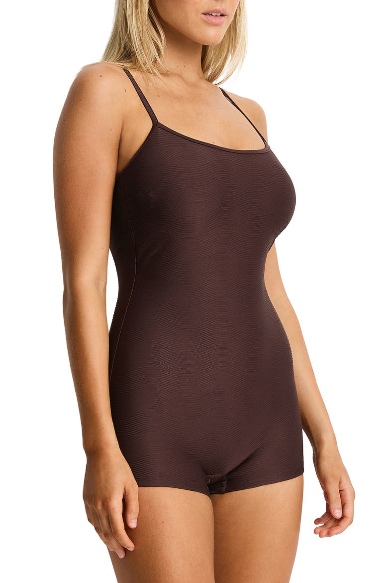 Zen Scoop Neck Boy Leg One-Piece Swimsuit, Alternate, color, COCOA