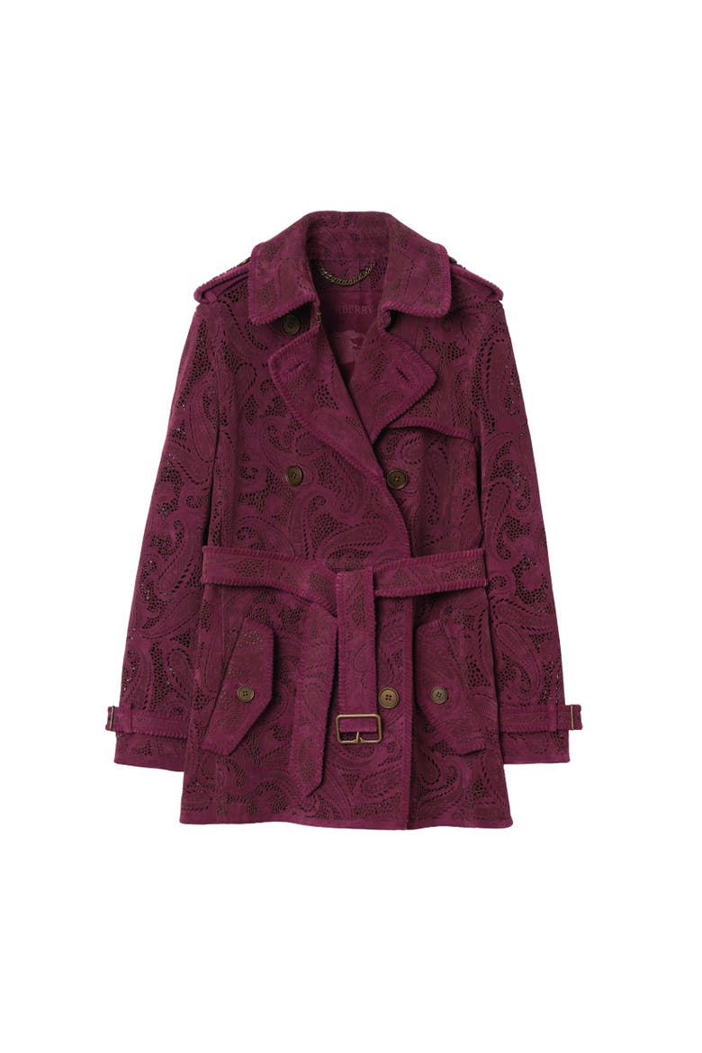 Short Paisley Suede Foxfield Trench Coat, Alternate, color, Allium purple