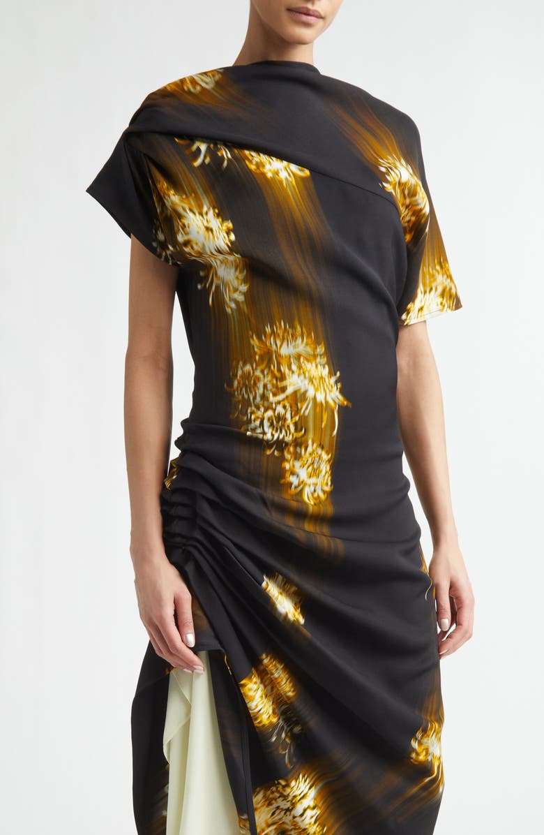 Proenza Schouler Antonella Asymmetric Floral Print Stretch Cady Dress, Alternate, color, Black Multi