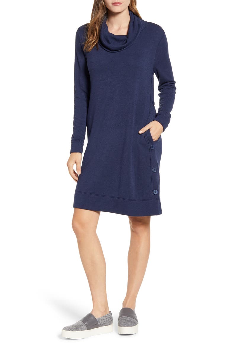 Cowl Neck Side Button Long Sleeve Dress, Main, color, NAVY PEACOAT