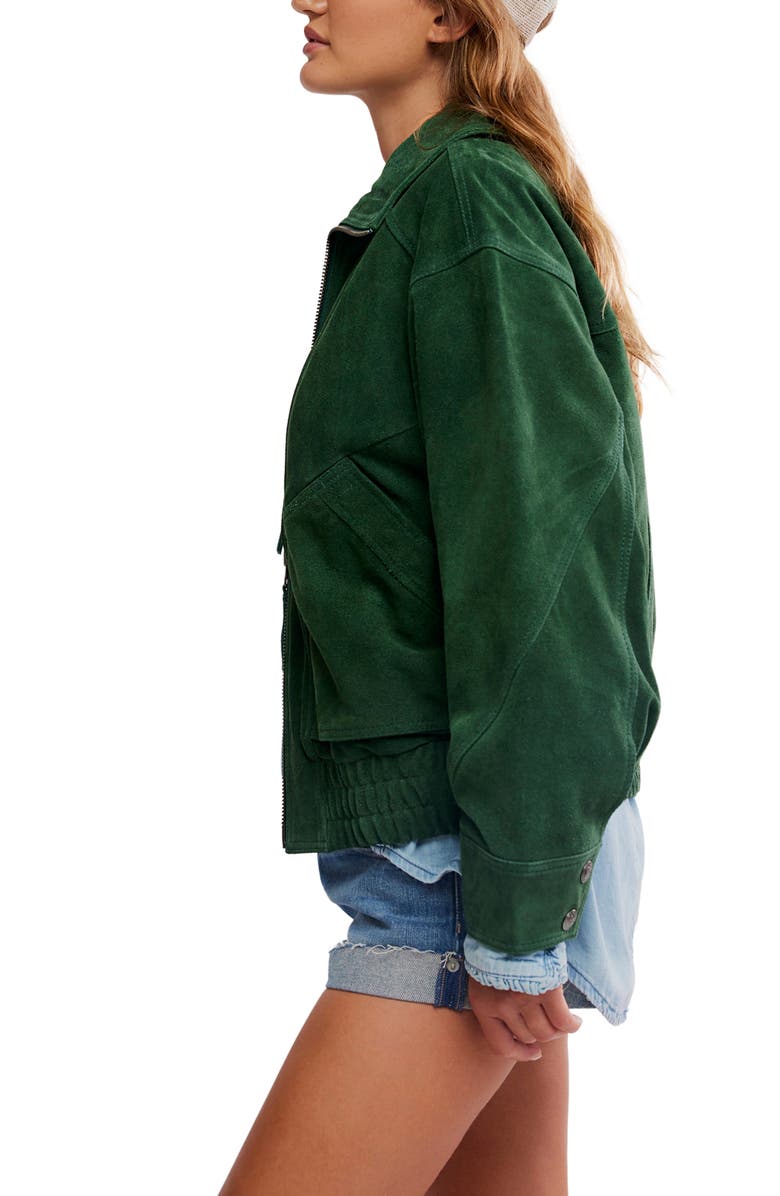 Free People Desert Moon Suede Bomber Jacket, Alternate, color, Green Grove
