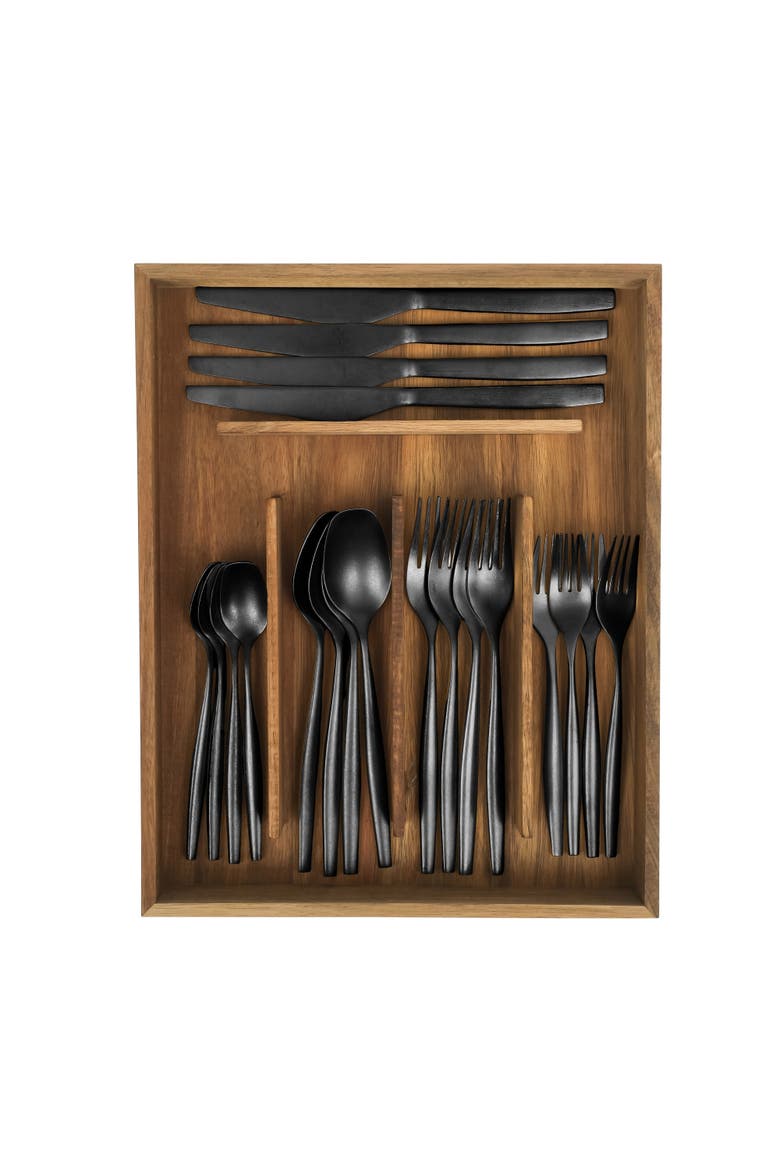 20 Piece Stone Washed Flatware 18/10 Stainless Steel Silverware Cutlery Utensil Set with Acacia Wood Caddy, Main, color, Black