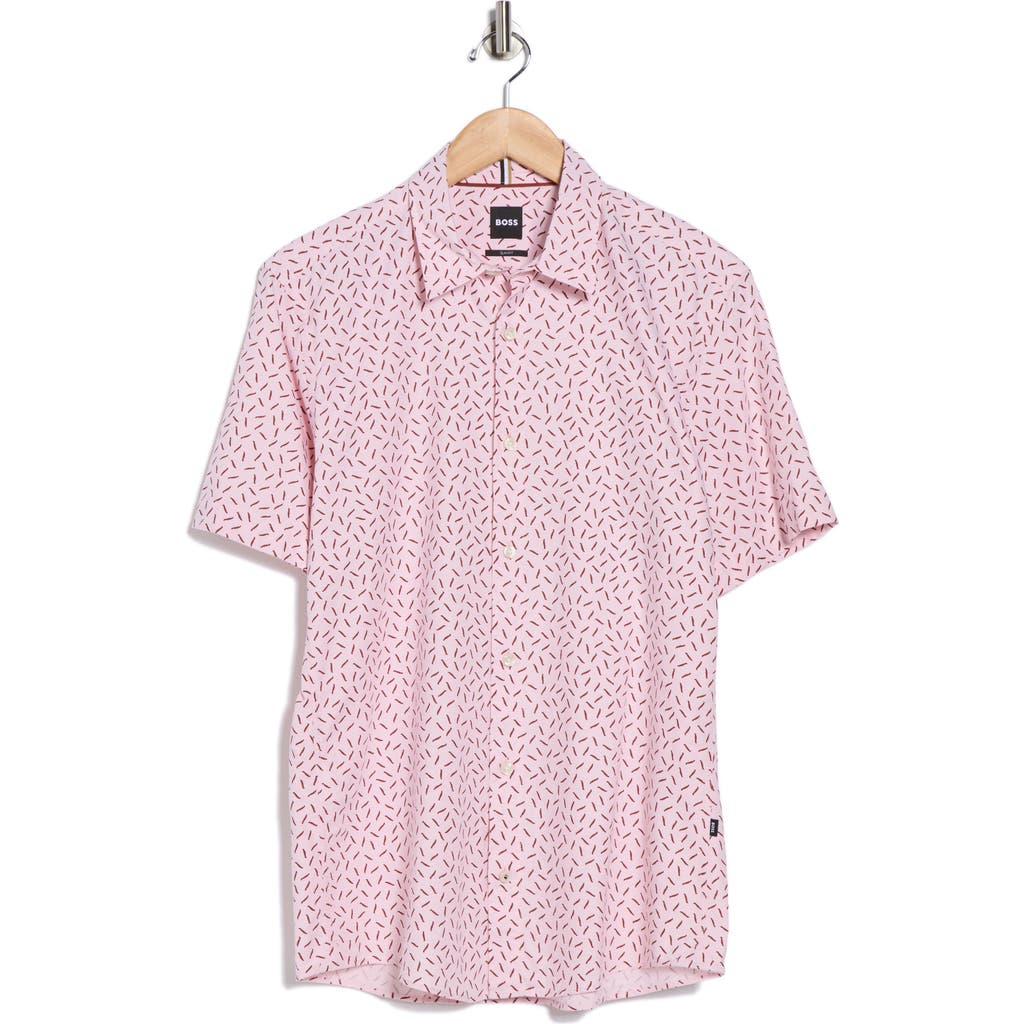 Hugo Boss Boss Roan Geo Print Short Sleeve Button-up Shirt In Pink