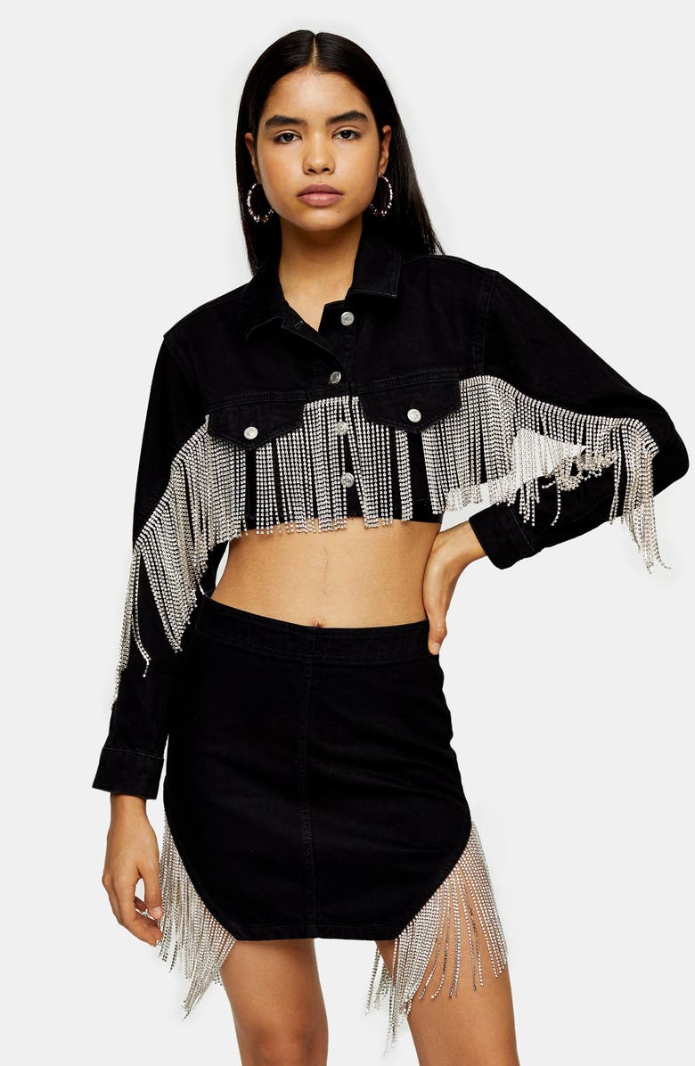 Topshop Crystal Fringe Slit Miniskirt, Alternate, color,