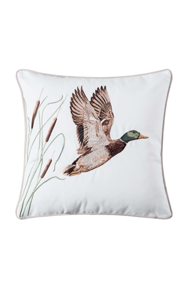 In Flight Mallard Duck and Cattail Grass Embroidered Throw Pillow, 16" x 16", Main, color, Brown