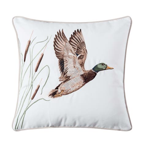 In Flight Mallard Duck and Cattail Grass Embroidered Throw Pillow, 16" x 16"