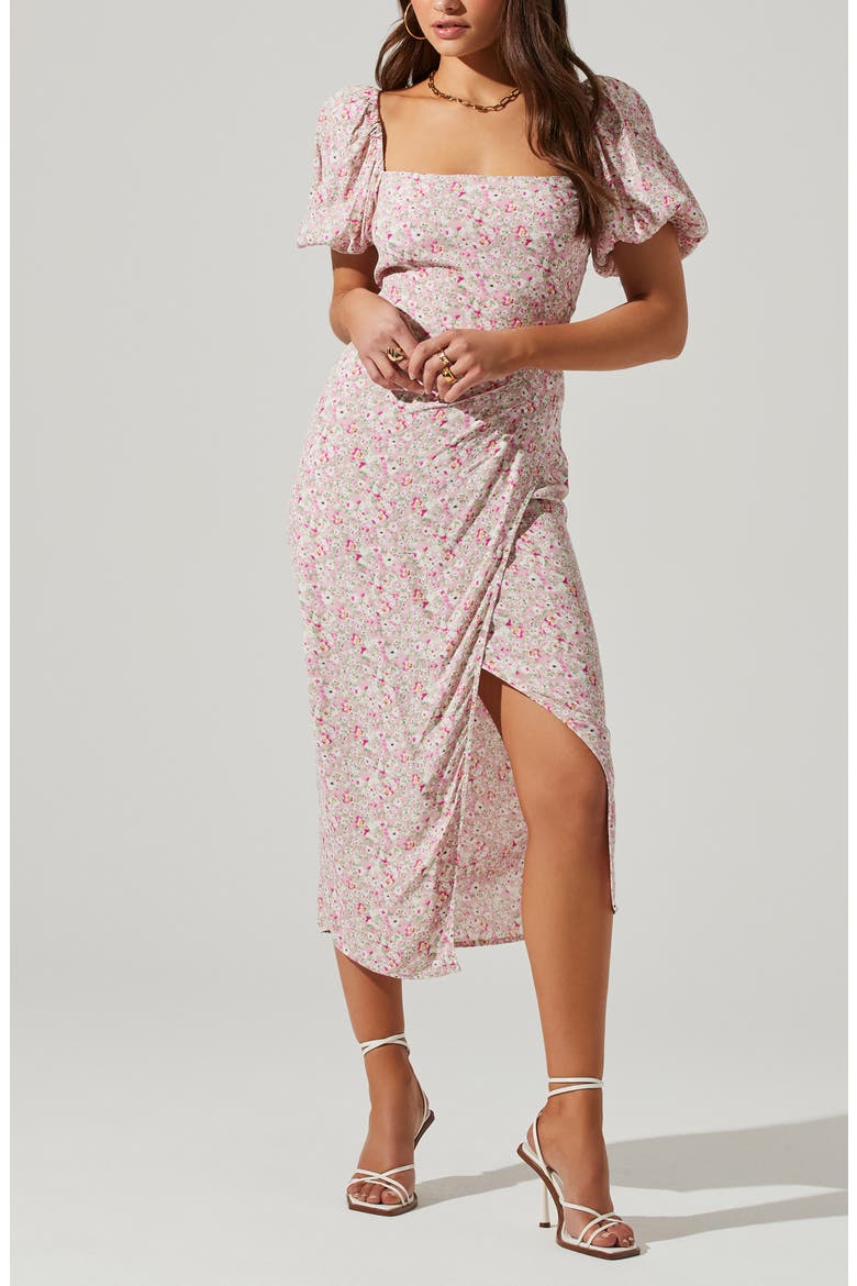 Puff Sleeve Front Slit Midi Dress, Alternate, color, PINK MULTI DITSY