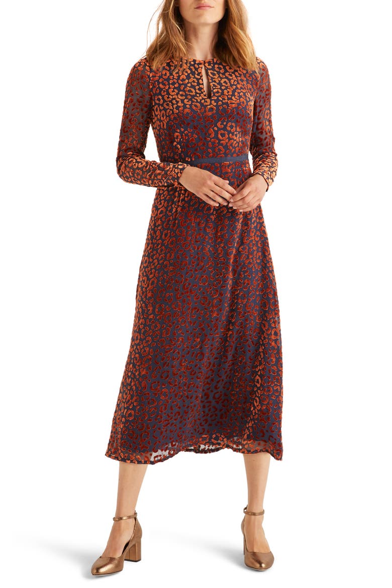 Marie Leopard Devoré Long Sleeve Midi Dress, Main, color, COPPER RED CHIC LEOPARD