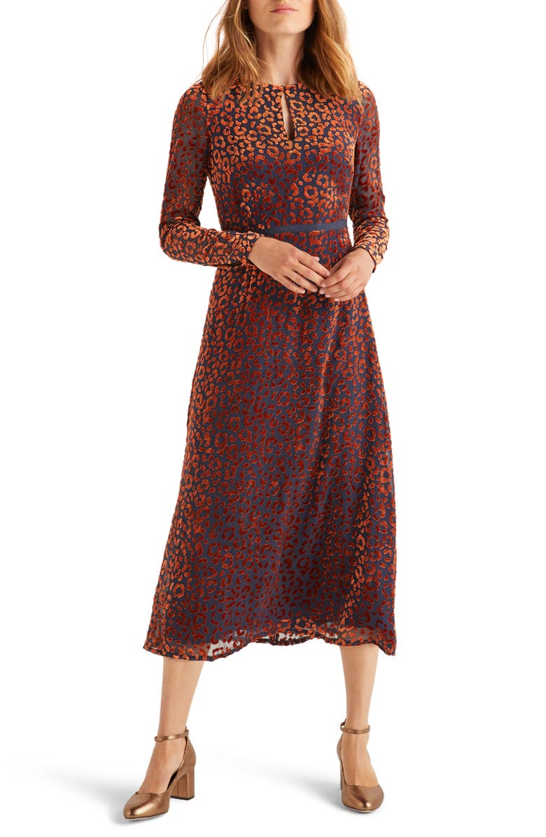 Boden Marie Leopard Devoré Long Sleeve Midi Dress, Main, color, 