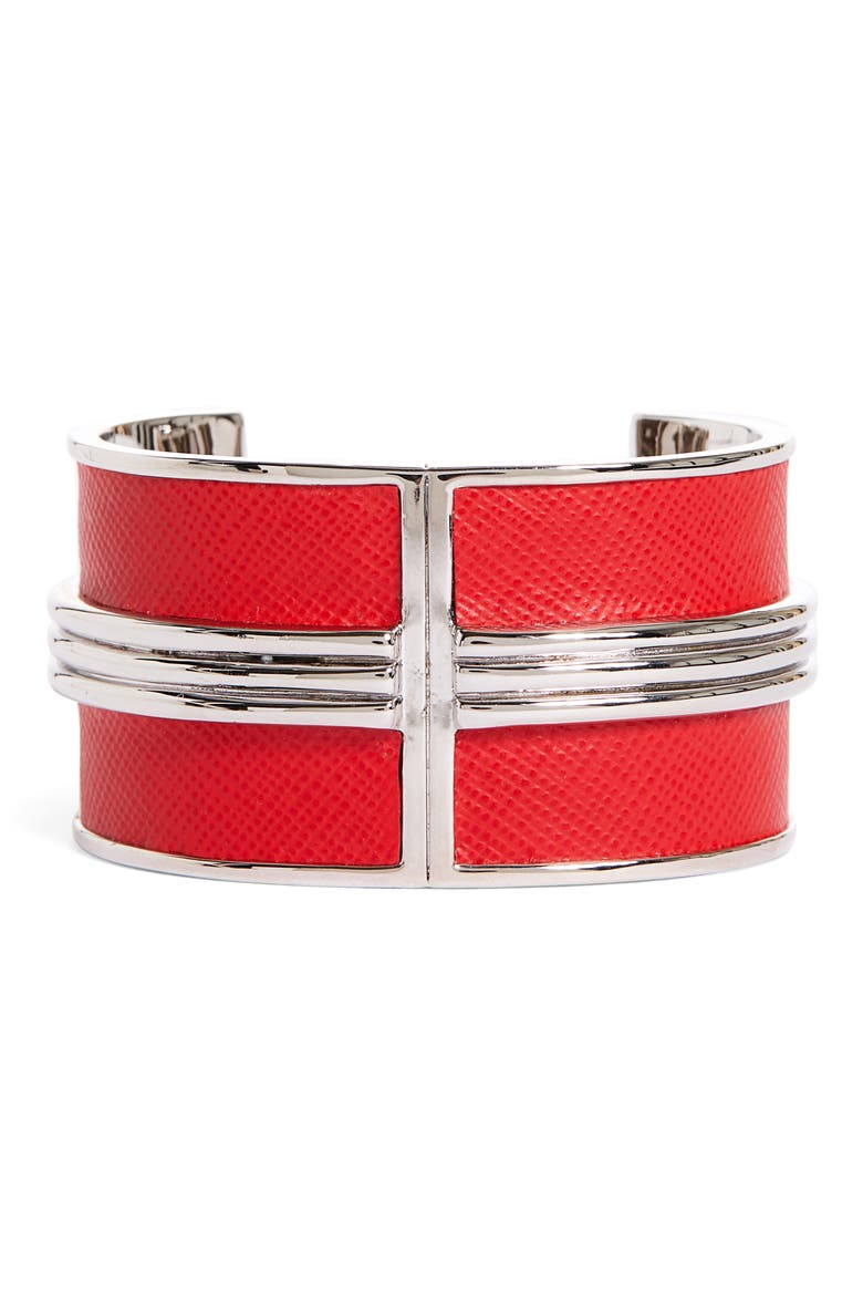 Leather Detail Metal Cuff, Main, color, RHODIUM/ RED LEATHER