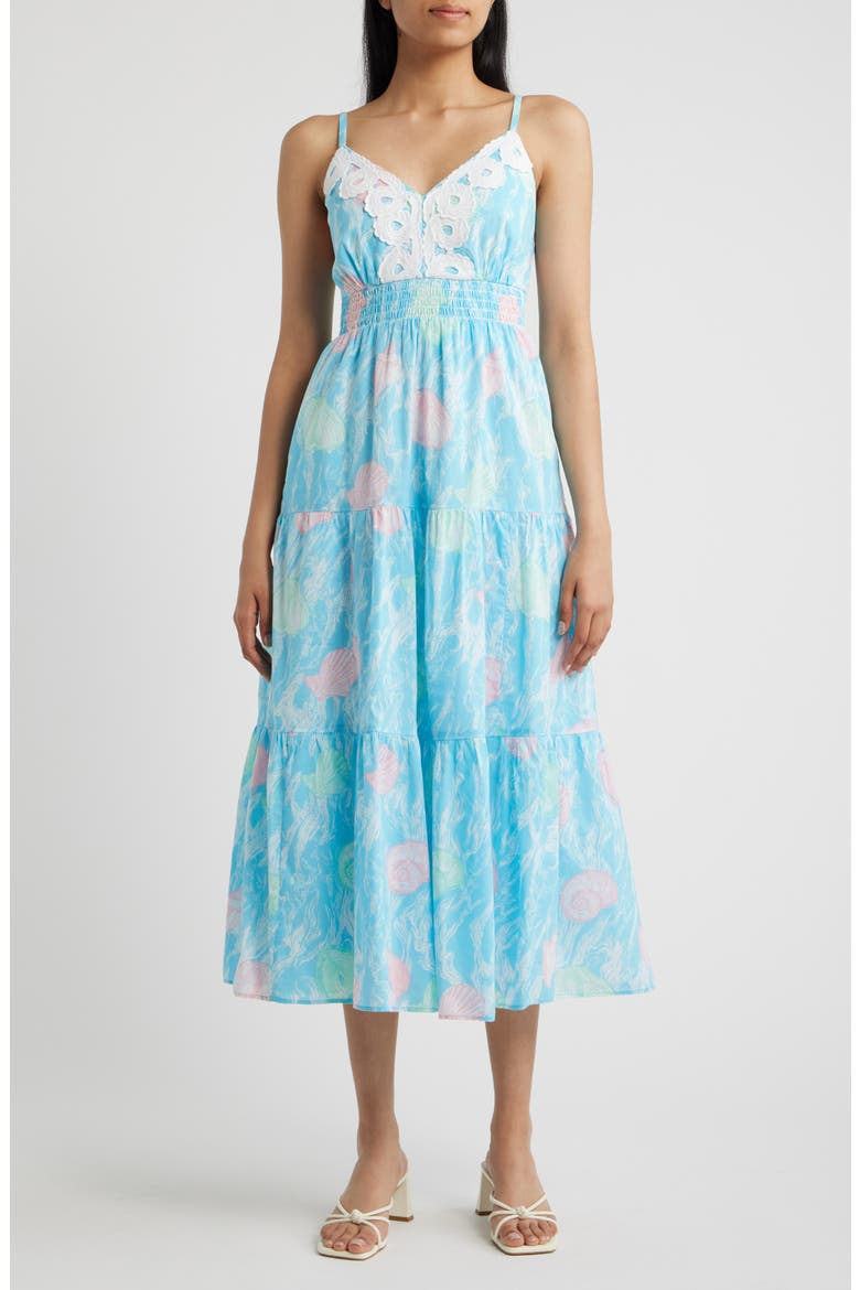 Zanna Shell Print Midi Sundress, Main, color, CAPRI BLUE SHELDEN