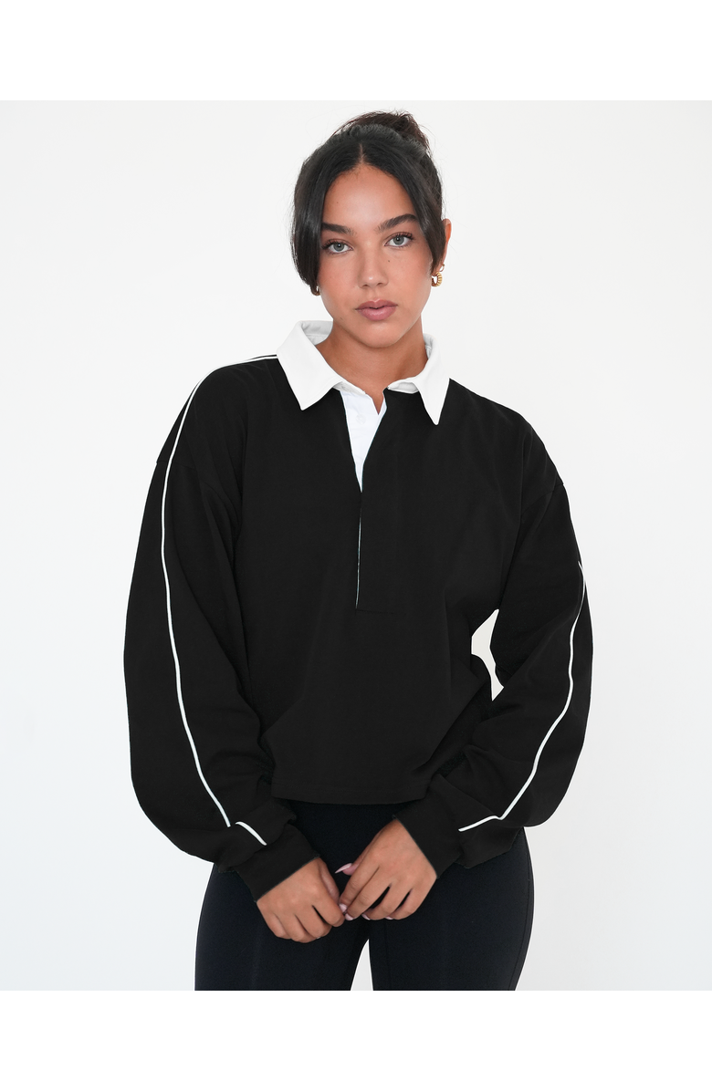 Rebody Active Rugby Piping Relaxed Polo Top, Main, color, Black/White