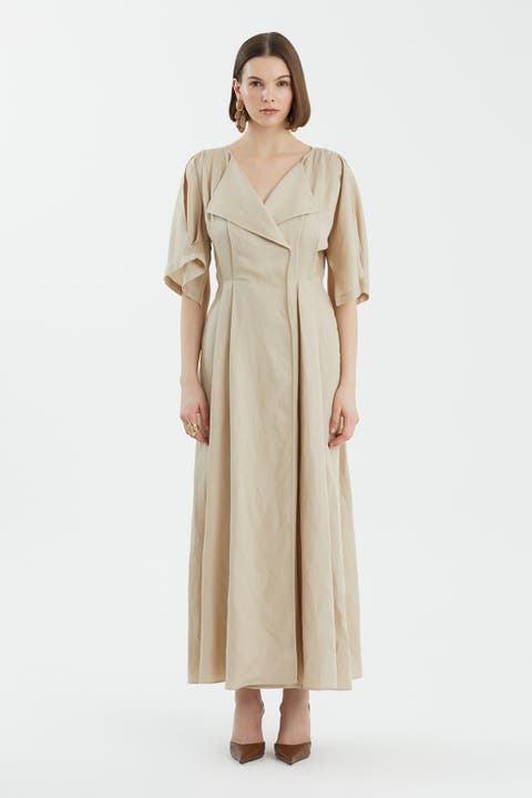 Beige Wrap Pleated Dress