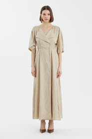 Gizia Beige Wrap Pleated Dress