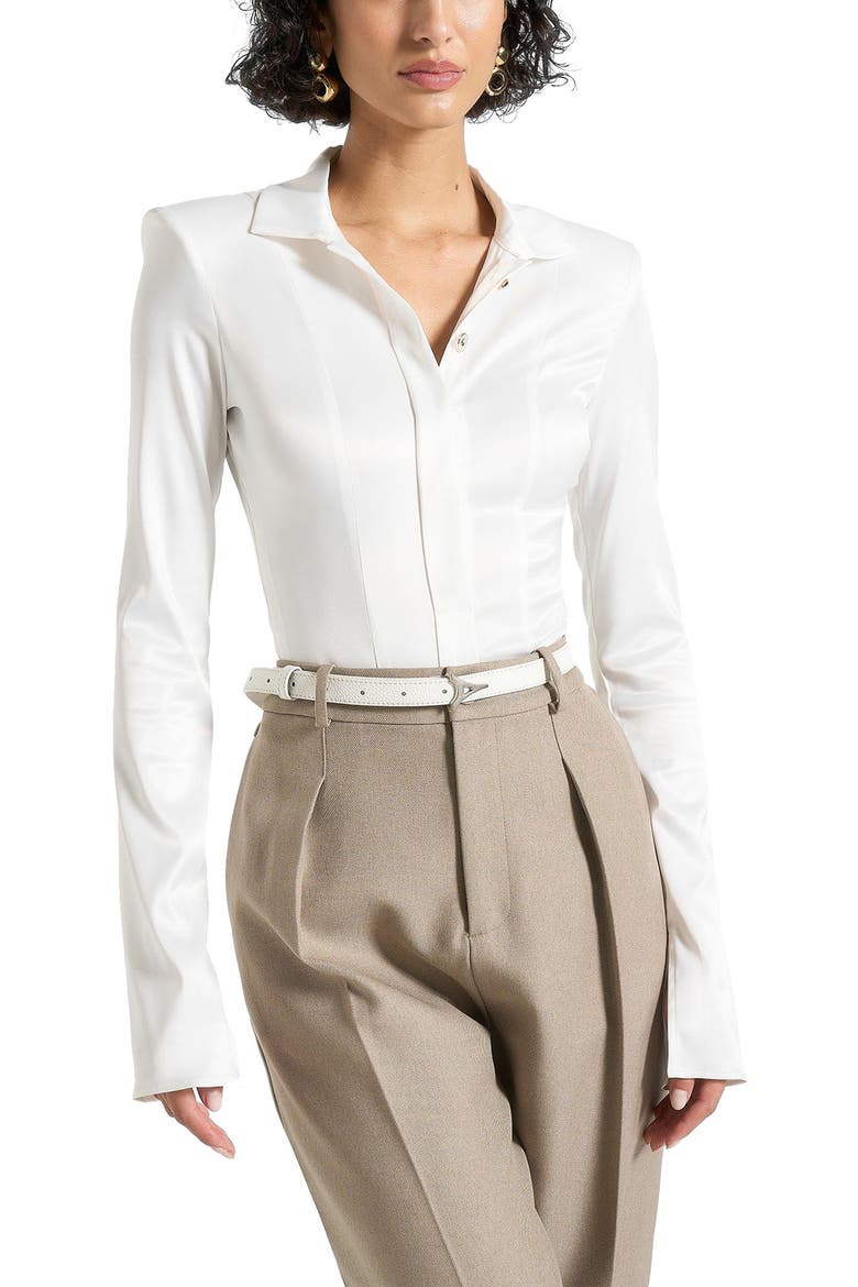Louise Wide Shoulder Satin Shirt Bodysuit, Alternate, color, Off White