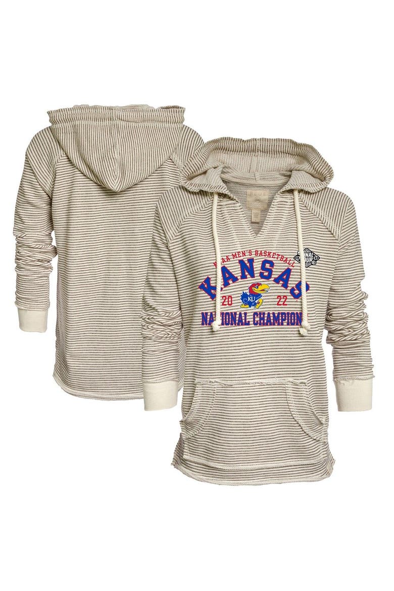 Women's Blue 84 Cream/Gray Kansas Jayhawks 2022 NCAA Men's Basketball National Champions French Terry V-Neck Pullover Hoodie, Main, color, Cream