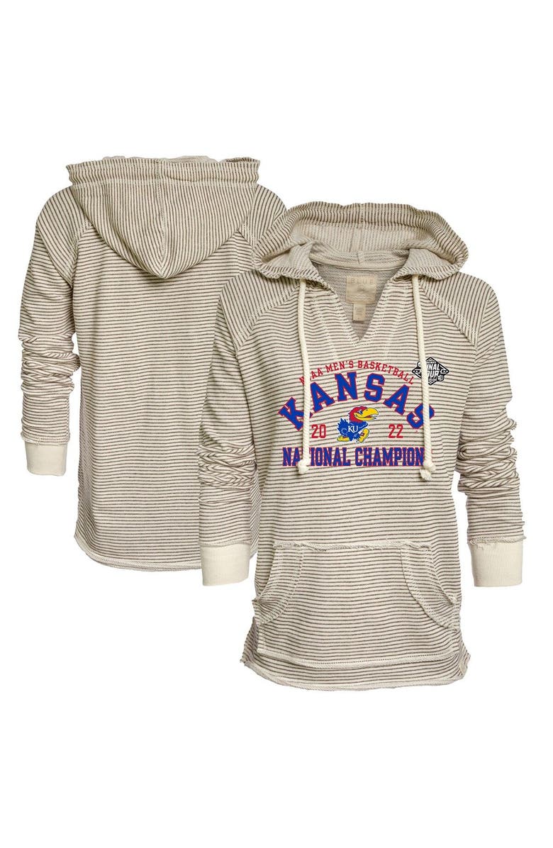 BLUE 84 Women's Blue 84 Cream/Gray Kansas Jayhawks 2022 NCAA Men's Basketball National Champions French Terry V-Neck Pullover Hoodie, Main, color,