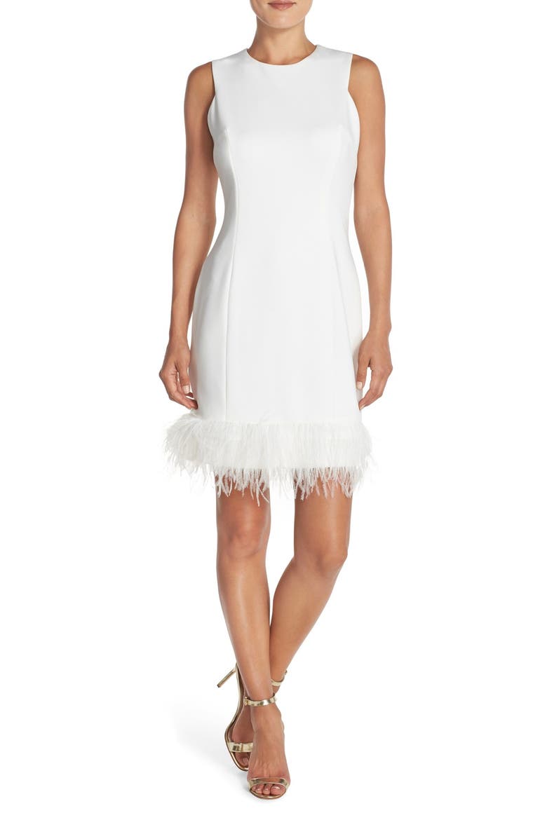 Feather Accent Techno Sheath Dress, Main, color, IVORY