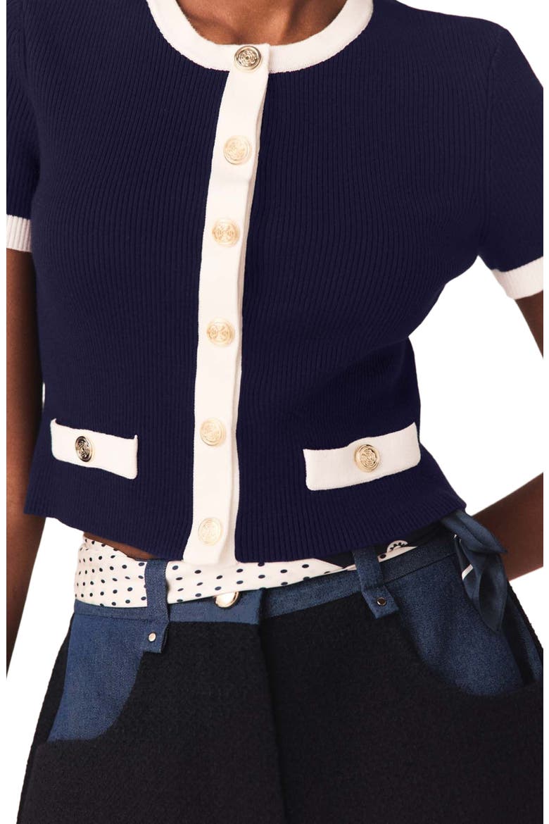 Contrasting cropped cardigan, Alternate, color, Navy / ecru