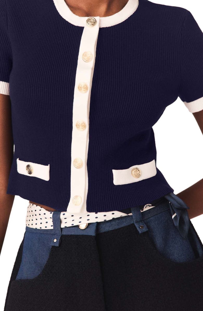 maje Contrasting cropped cardigan, Alternate, color, Navy / Ecru