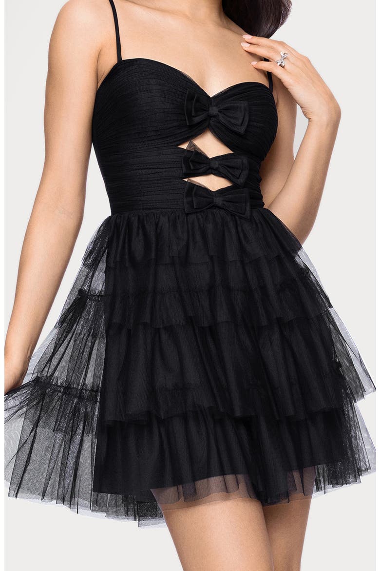 Tiered Bow Cutout Fit & Flare Minidress, Alternate, color, BLACK