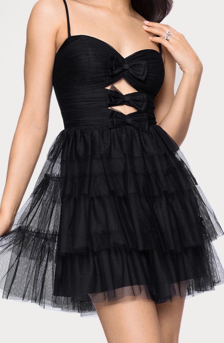 Blondie Nites Tiered Bow Cutout Fit & Flare Minidress, Alternate, color, Black